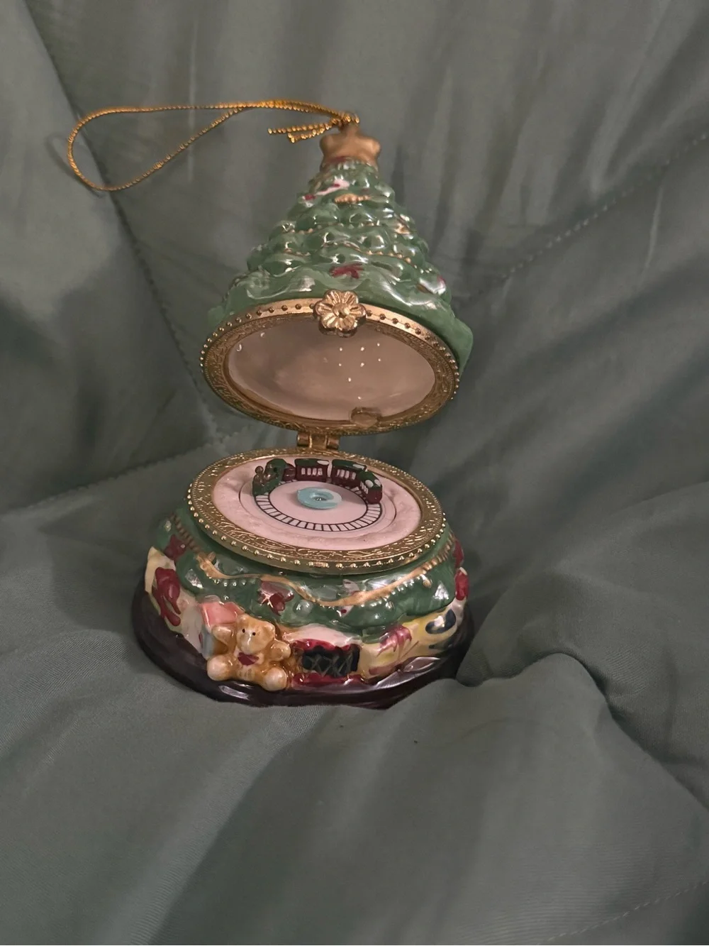 Green Ceramic Christmas Tree Music Box Ornament with Gold Trim
